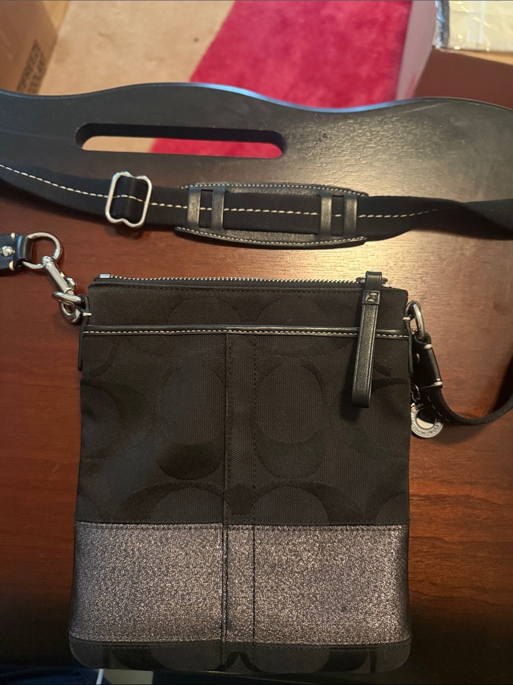 Coach Black Signature Messenger with Silver Metallic Accent